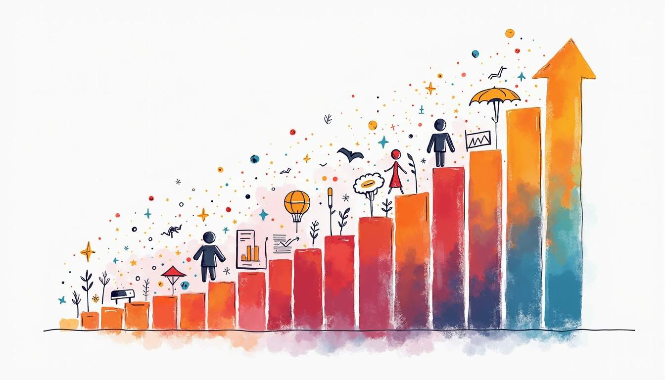 An upward-trending graph overlaid with various demographic icons such as age groups