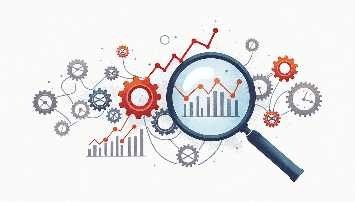 An abstract representation of a magnifying glass focusing on a series of interconnected gears and charts